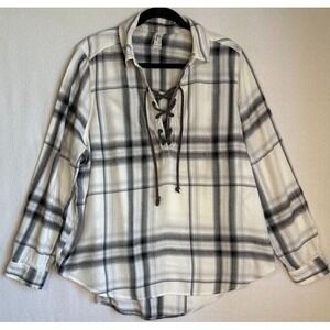Mudd Blouse Top Women Size XL White Plaid Long Sleeve V Neck Drawstring Casual